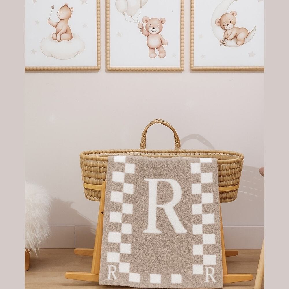 Styled Collection Monogram Initial “R” Baby Nursery Stroller Blanket Taupe NEW